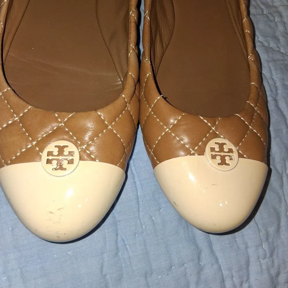 Tory Burch Brown and Cream Quilted Flats 8.5M